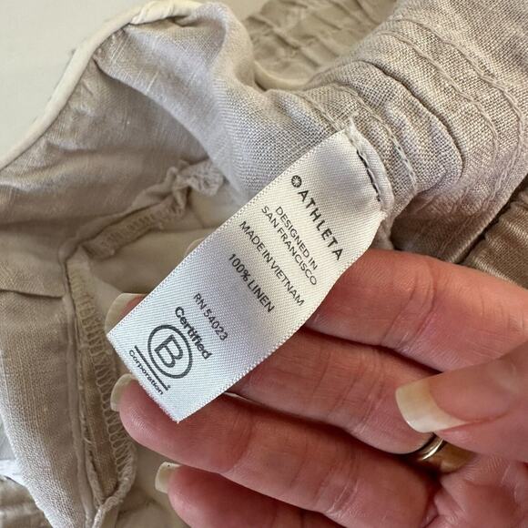 Athleta Cream & Tan Camo Cabo Print Tied Linen Jogger Pant Zip Front Pockets 4 - Picture 11 of 15